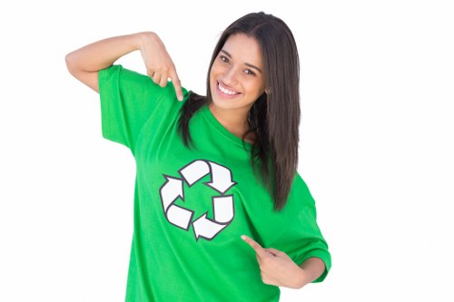 The image shows a young woman with long dark hair smiling and pointing towards a bright green T-shirt she is wearing. The T-shirt features a large white recycling symbol composed of three chasing arrows. She is standing against a plain white background, and her cheerful expression emphasizes a positive attitude towards environmental awareness and recycling. The focus is on her upper body, with her right hand raised to point at the recycle logo and her left arm bent with her hand indicating the logo on her shirt. The overall image conveys a message of sustainability and eco-consciousness, relevant to waste management and rubbish disposal services in West Wickham and surrounding areas. The vibrant green colour of the T-shirt and the recycling icon support themes associated with waste reduction, recycling initiatives, and environmentally responsible rubbish removal efforts by companies like House Clearance West Wickham.