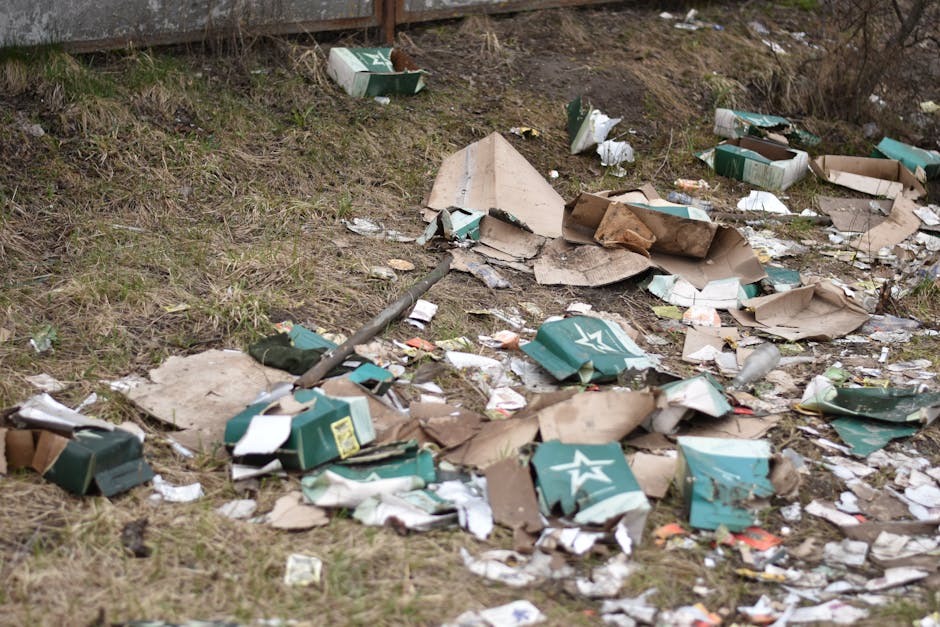 A patch of ground at the edge of a grassy area shows scattered debris including torn and crumpled cardboard boxes, some with green and white star logos, cardboard packaging, and various small bits of 